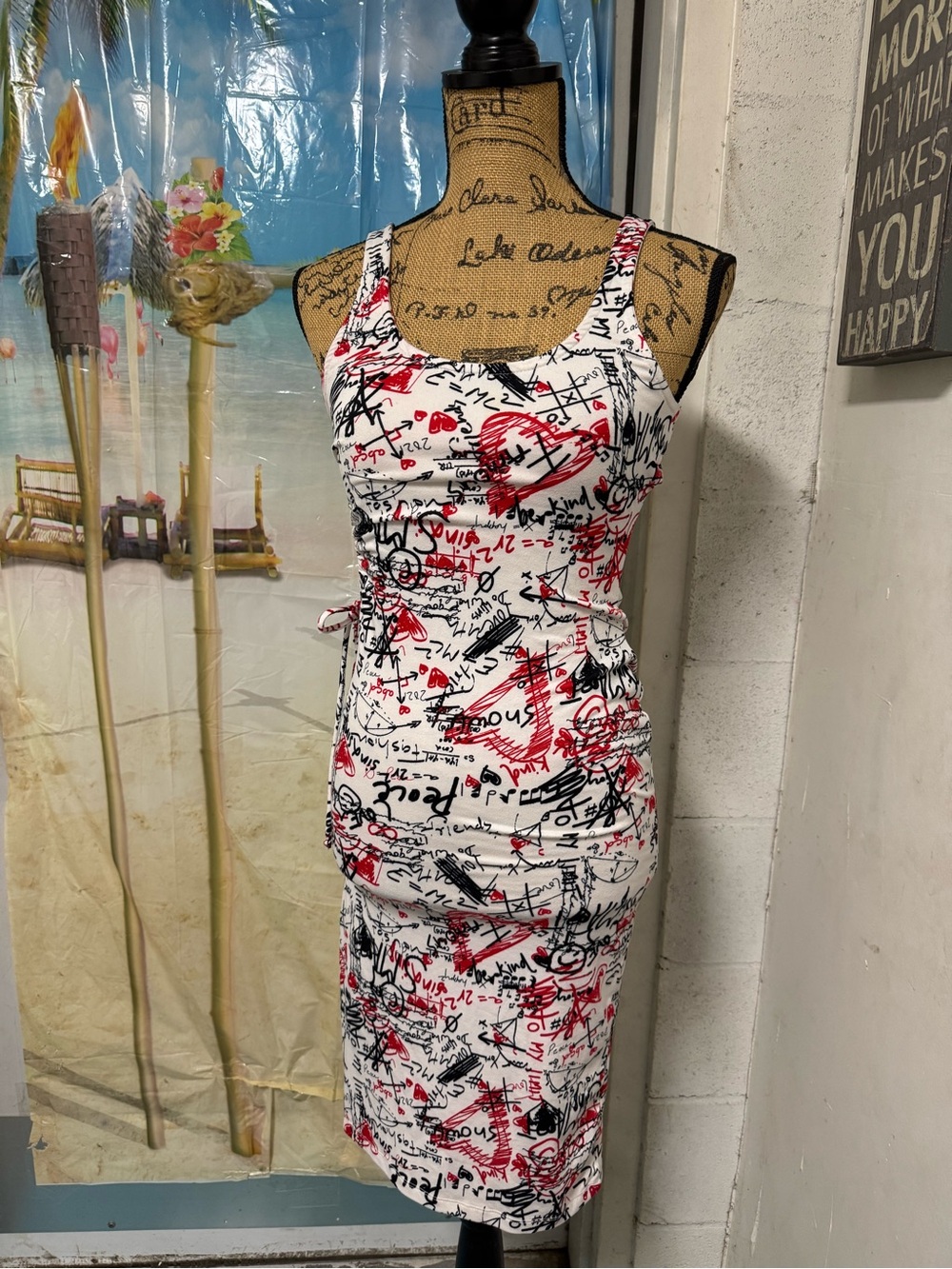 Sleeveless White Midi Dress with Red & Black Graffiti Print
